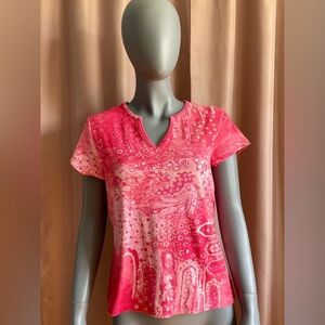 TeeCo Large (Junior) V-neck Tee Pink Y2K-Inspired Paisley GUC